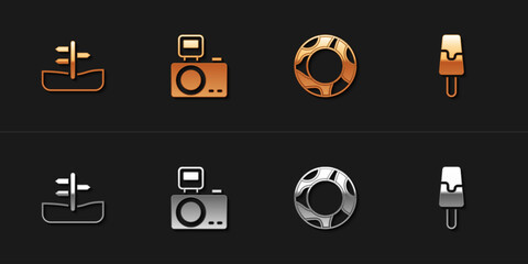 Set Road traffic sign, Photo camera with flash, Rubber swimming ring and Ice cream icon. Vector