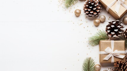 Fototapeta premium Christmas composition with blessing boxes, fir branches, pine cones and beautifications on a white foundation. level lay, copy-space. merry christmas and happy new year