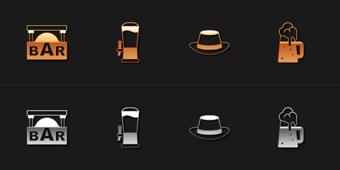 Set Street signboard with Bar, Beer tap, Oktoberfest hat and Wooden beer mug icon. Vector