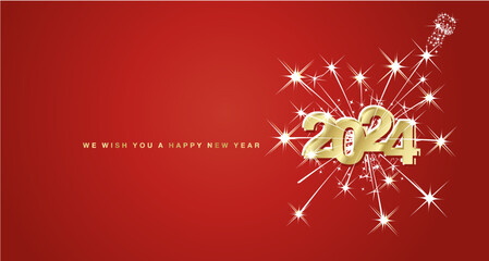 Happy New Year 2024 eve modern design with light big explosion of double stars and champagne sparkle firework. Reflection shape from golden white to red for 2024. New Year 2024 on red greeting card - obrazy, fototapety, plakaty