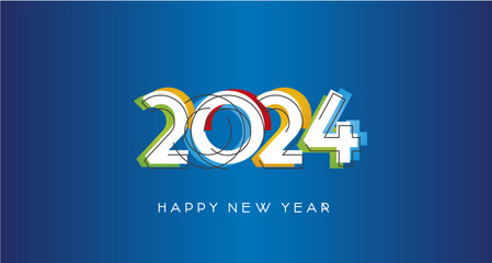 2024 Happy New Year modern trendy line design numbers with abstract colorful shapes on blue background