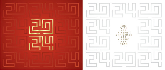 Happy New Year 2024. Golden white blue silver cyberspace high tech year 2024 typography. Greek mystic ornament abstract pattern on red white background