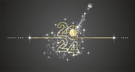 New Year 2024 shining line design typography with clock countdown and glitter sparkler firework golden white black background vector