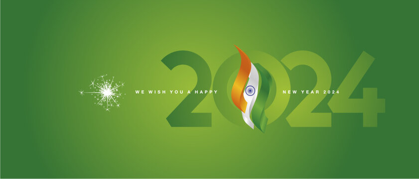 Happy new year 2024 event. India 3d flag ribbon flame over numbers of 2024 vector illustration on green background