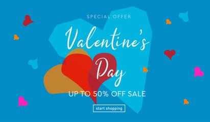 Happy Valentines Day in Bright Modern Geometric Design for Advertising, Web, Social Media, Banner, Cover. Abstract Backgrounds Sale Love. Special Offer of 50% Off.