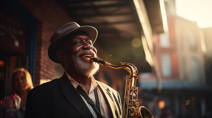 An African-American elderly talented jazz musician plays the saxophone on a bright street of a...