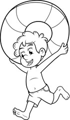 Dibujo para colorear de un niño corriendo en la playa con un flotador sobre su cabeza.