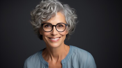a woman with glasses smiling - obrazy, fototapety, plakaty