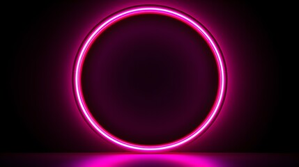 Hot Pink Neon Light Circle on a black Background. Futuristic Template for Product Presentation