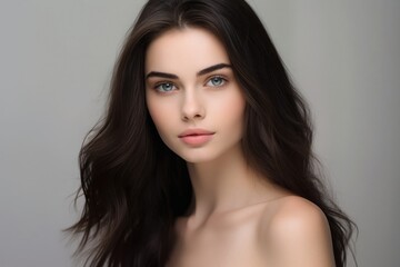 Naklejka premium Woman with Enchanting Blue Eyes and Flowing Dark Hair Generative AI