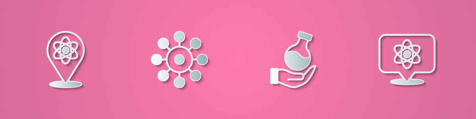 Set paper cut Atom, Virus, Test tube and icon. Paper art style. Vector