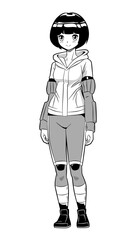 Futuristic Manga Cartoon Girl Black and White Illustration