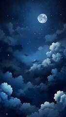 Indigo blue light 3d layered gradient mystical sky with clouds and stars phone background wallpaper, ai generated