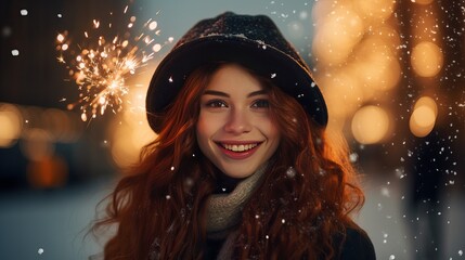 Charming red-haired young lady in a santa cap with sparklers in her hands grinning at the camera