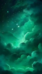 Obraz premium Mint green light gradient mystical sky with clouds and stars phone background wallpaper, ai generated
