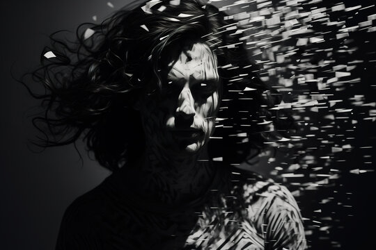 Artistic male portrait with glitch or desintegration effect, black and white illustration