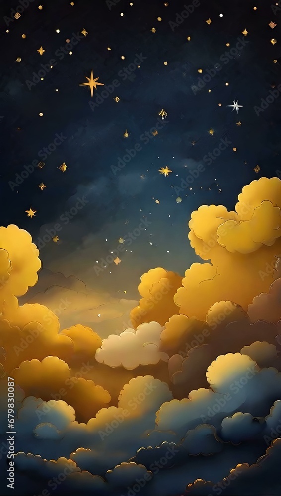 Wall mural mustard yellow 3d layer gradient mystical sky with clouds and stars phone background wallpaper, ai g