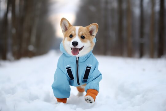 a dog wearing a blue coat in the snow