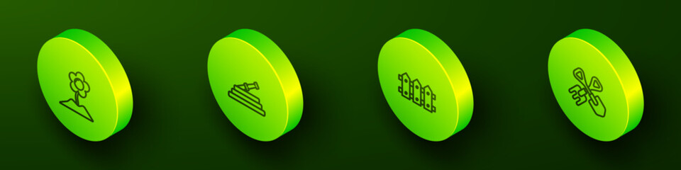 Set Isometric line Flower, Garden hose or fire hose, fence wooden and Shovel and rake icon. Vector