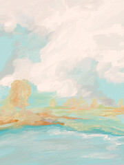 Fototapeta premium Impressionistic Peaceful Soft Pastel Autumn or Fall Landscape at the Lakeshore In Aqua, Yellow, Orange, Light Green & Light Blue -Art, Digital Painting, Artwork, Design, Illustration