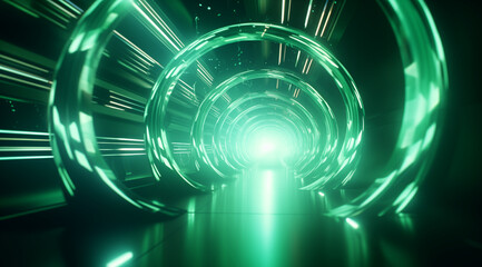 Abstract background with green glowing lines, like a tunnel through space or in a spaceship, surrounded by large circles, with a bright light at the end of the tunnel, futuristic and mysterious design