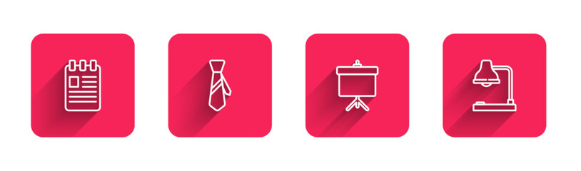 Set line Spiral notebook, Tie, Chalkboard with diagram and Table lamp with long shadow. Red square button. Vector