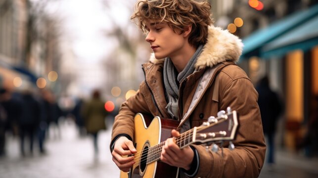 photo of a teenager playing an original song on a city street, dressed in musician street fashion,