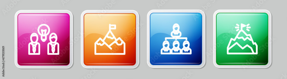 Aufkleber set line people with lamp bulb, mountains flag, hierarchy organogram chart and . colorful square but