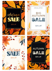 Set of autumnal frames, backgrounds, banner. Poster with beautiful leaves. Template for advertising, social media