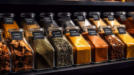 Aromatic spices shop or a supermarket spice section with empty price or name tag as wide banner - obrazy, fototapety, plakaty