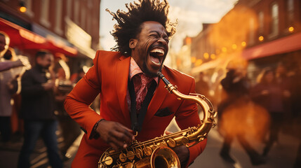 A cheerful, cheerful holiday atmosphere at the street carnival of African-American musicians in a southern town.
