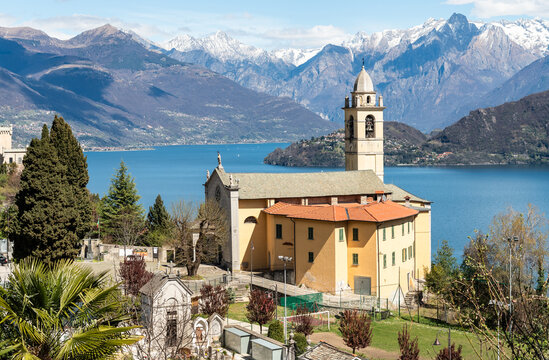 View of the Church of Sant Michele with cemetery, above Lake Como in Vignola, Province of Como, Lombardy, Italy