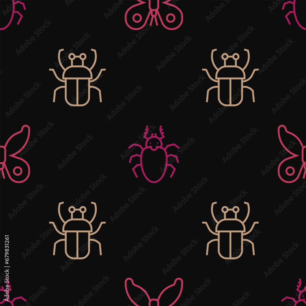 Poster set line butterfly, stink bug and beetle deer on seamless pattern. vector