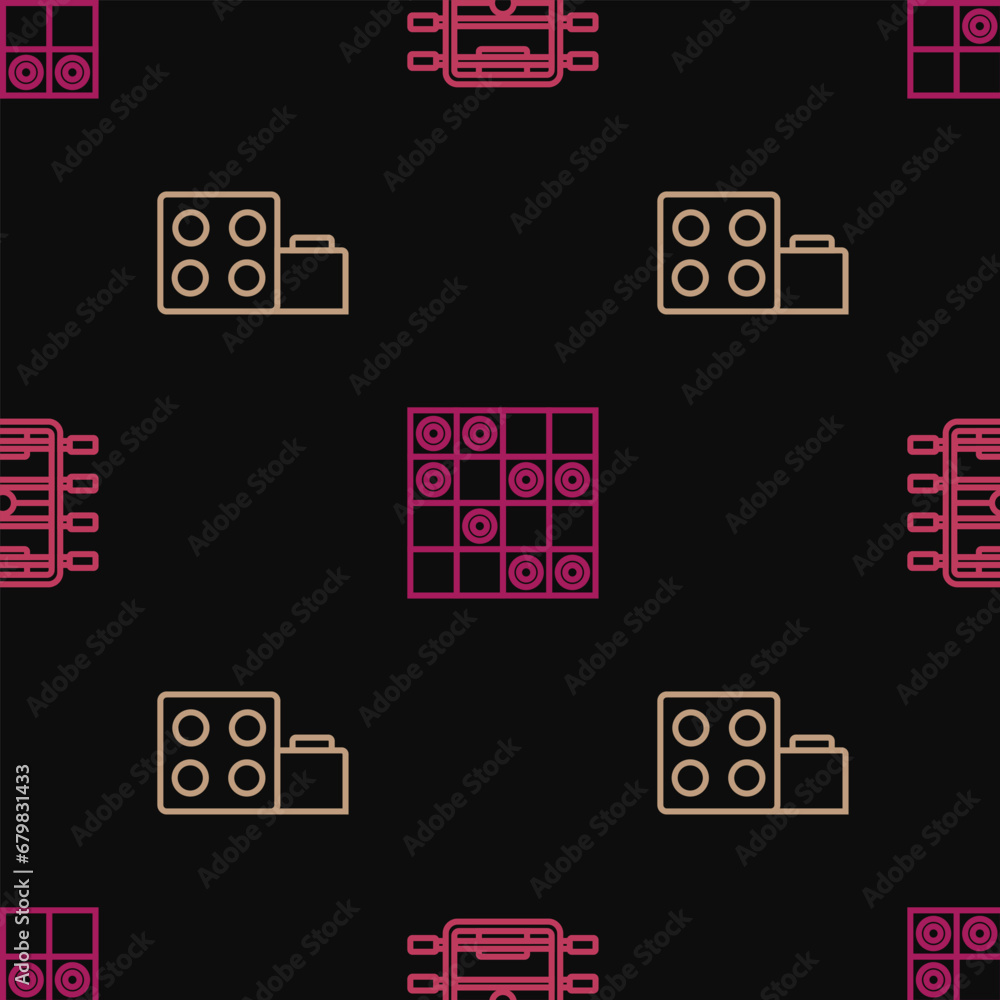 Poster set line hockey table, toy building block bricks and board game of checkers on seamless pattern. vec