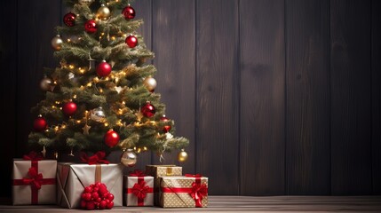 Fototapeta na wymiar Christmas tree with presents before it