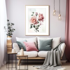 Interior of modern living room with white sofa, pink pillows, coffee table, plant, poster, coffee table. Scandinavian Style Living Room. Living Room.