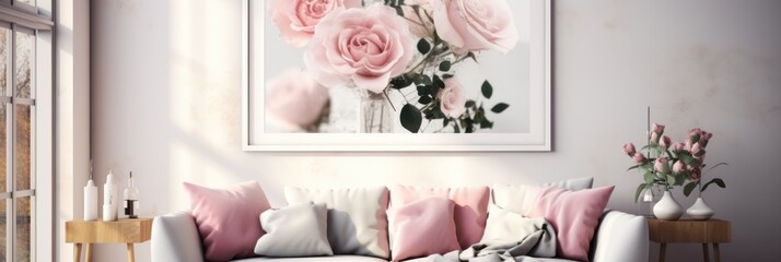 Modern living room interior with pink pillows and flowers. Scandinavian Style Living Room. Living Room.