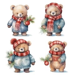 set Funny Christmas winter bears of watercolors on white background