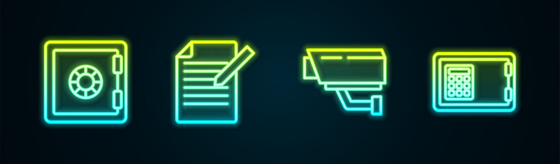Set line Safe, Document and pen, Security camera and . Glowing neon icon. Vector