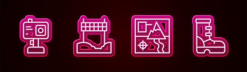 Set line Action camera, Ribbon in finishing line, Folded map and Waterproof rubber boot. Glowing neon icon. Vector