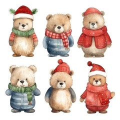 set Funny Christmas winter bears of watercolors on white background