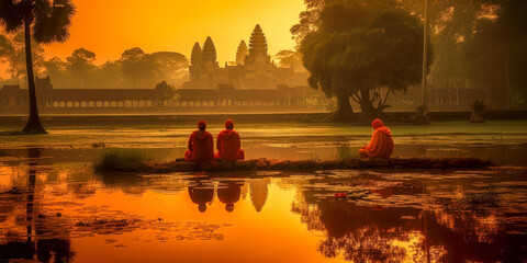 Fototapeta premium Monks contemplating the sunset in front of the Angkor Wat Hindu temple. Generative AI.