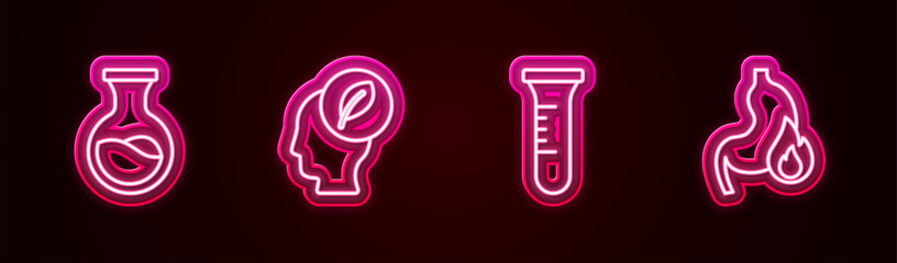 Set line Test tube and flask, Human head with leaf inside, and Stomach heartburn. Glowing neon icon. Vector