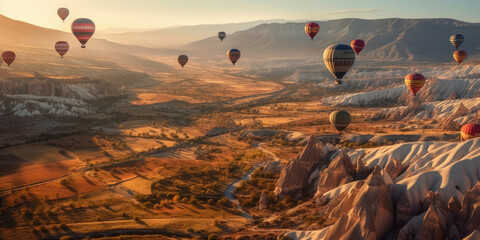 Balloon trips over Cappadocia in central Turkey. Generative AI. - obrazy, fototapety, plakaty