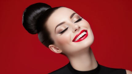 Fototapeta premium Portrait of a beautiful vamp woman with bright red lips. Advertising photography.