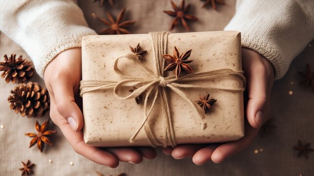 Female hands wrapping blessings. set of christmas enhancements in wooden box on white bed with a cover. occasion concept. level lay, best see