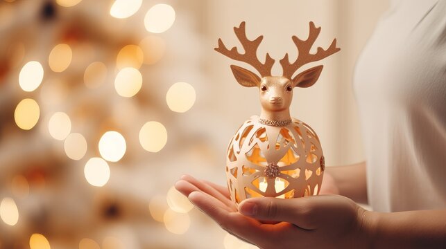 Trimmed phoro of woman hands holding wonderful deer toy close the christmas tree. new year eve concept