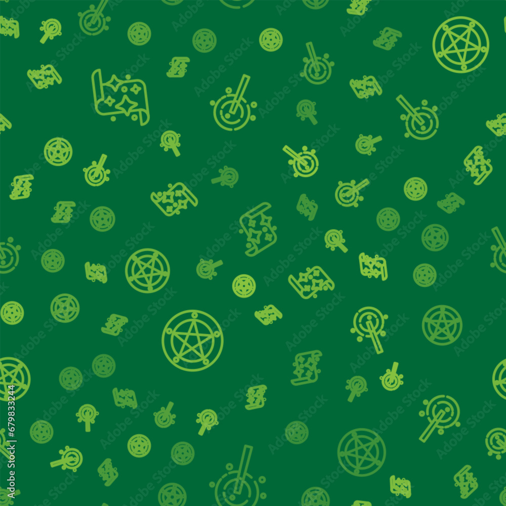 Poster set line magic scroll, pentagram in circle and wand on seamless pattern. vector