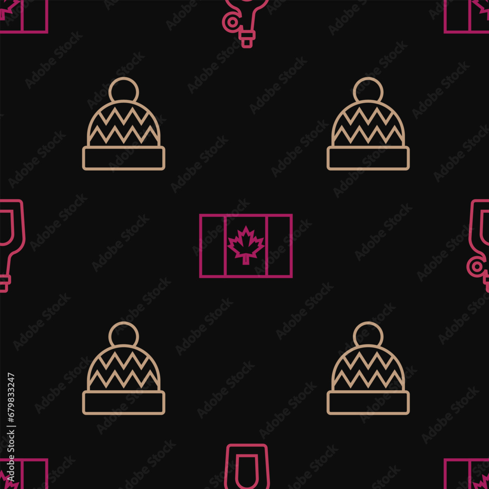 Poster set line bottle of maple syrup, beanie hat and flag canada on seamless pattern. vector