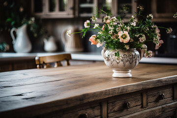 Fototapeta premium Kitchen interior details. Cozy farmhouse style kitchen interior with wooden table and white classic furniture